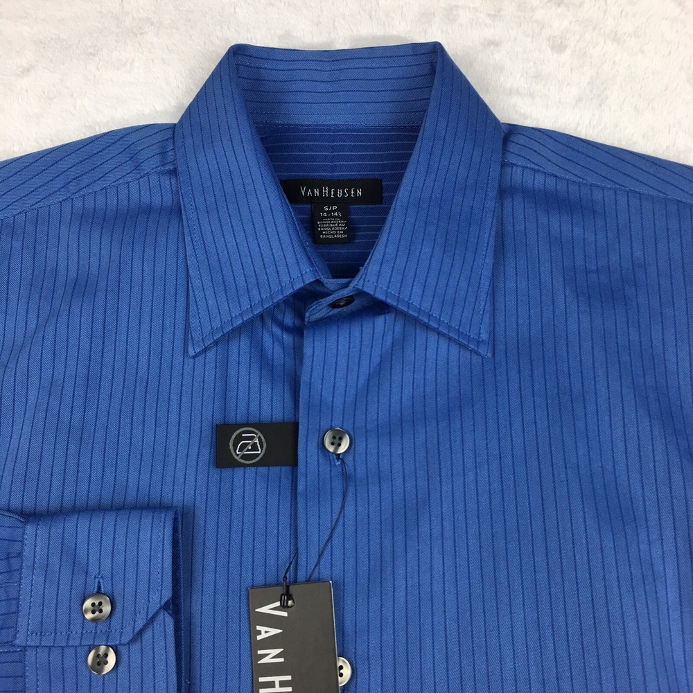 Van Heusen Dress Shirt Men's Small/Petite 14-14.5 Blue‎ Pinstripe No Iron NWT! - Picture 2 of 11
